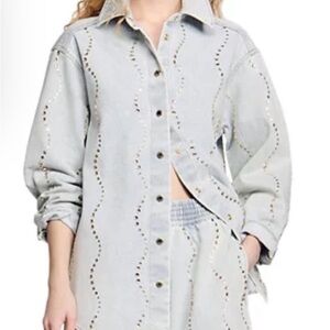ISO Sandro Light Gray Studded rhonestone Wave Button-Down Shirt